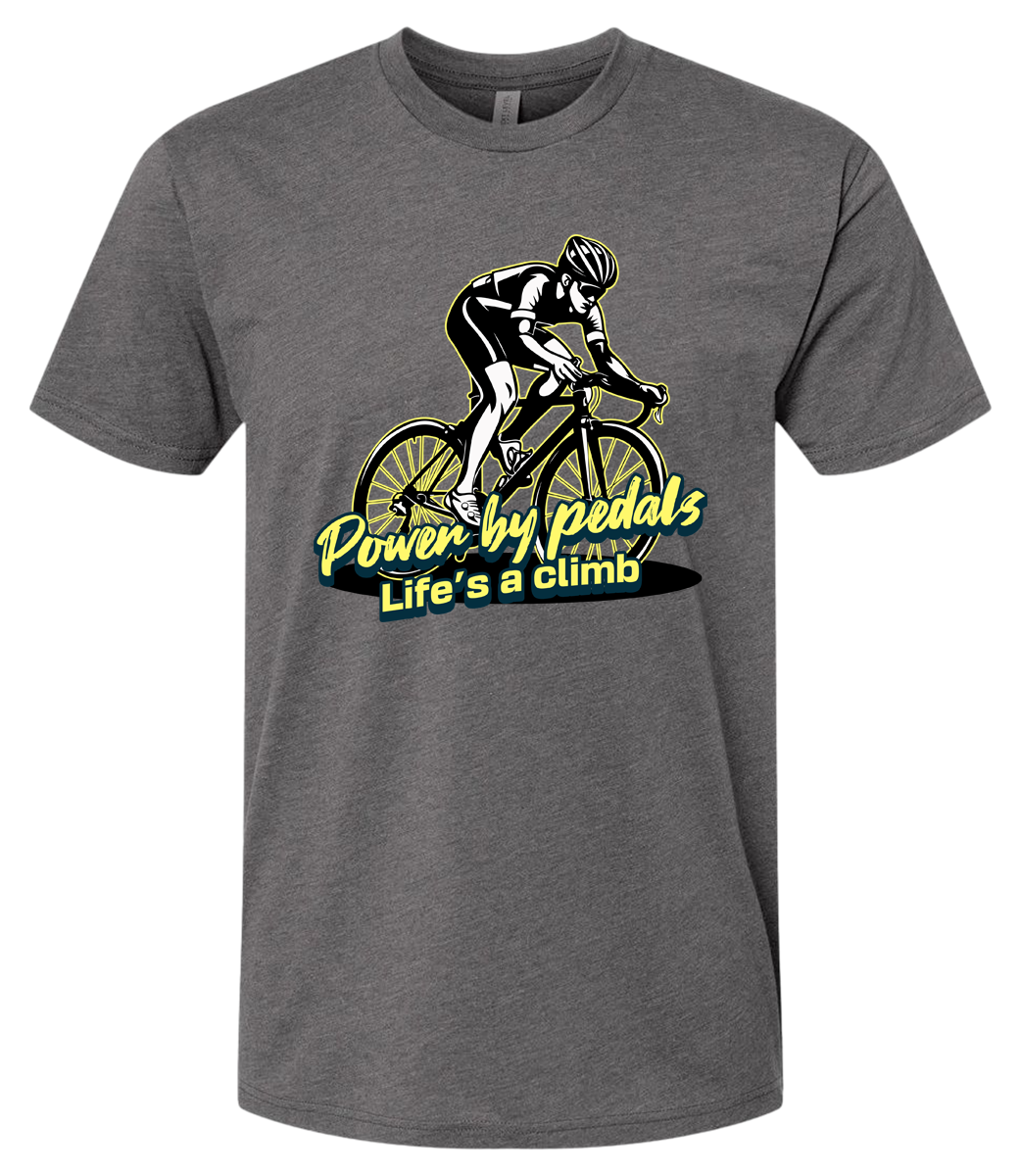 Gray t-shirt with a cycling graphic and text on a white background