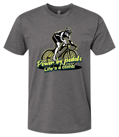 Gray t-shirt with a cycling graphic and text on a white background