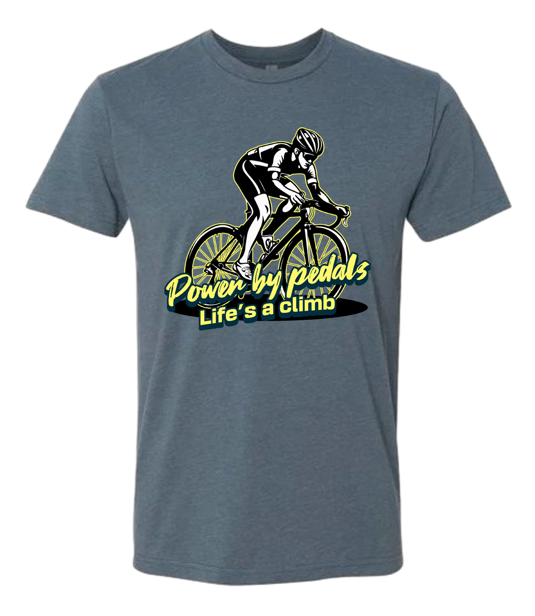 Gray t-shirt with a cycling graphic and text on a white background