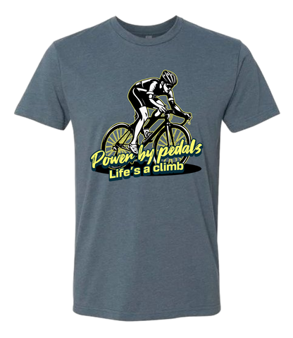 Gray t-shirt with a cycling graphic and text on a white background