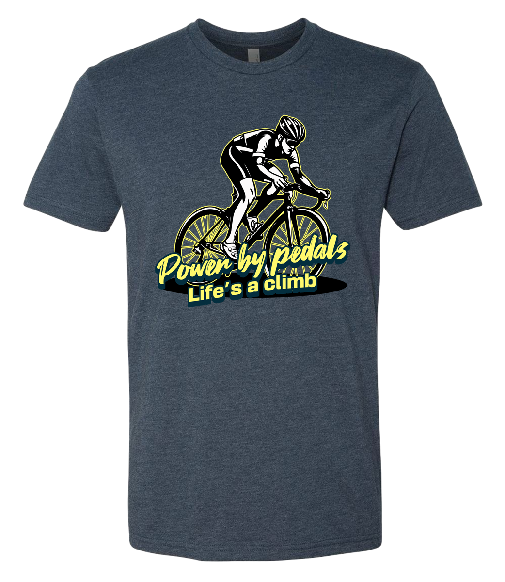 Man riding bicycle front & center with the words power by pedals