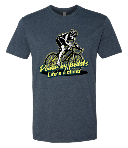 Man riding bicycle front & center with the words power by pedals