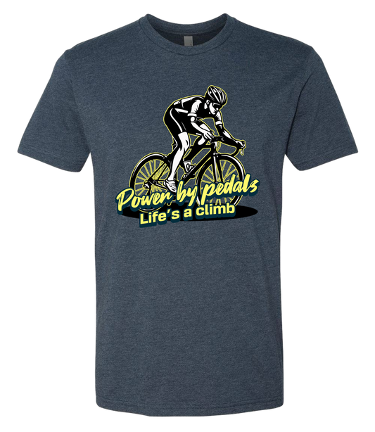 Man riding bicycle front & center with the words power by pedals