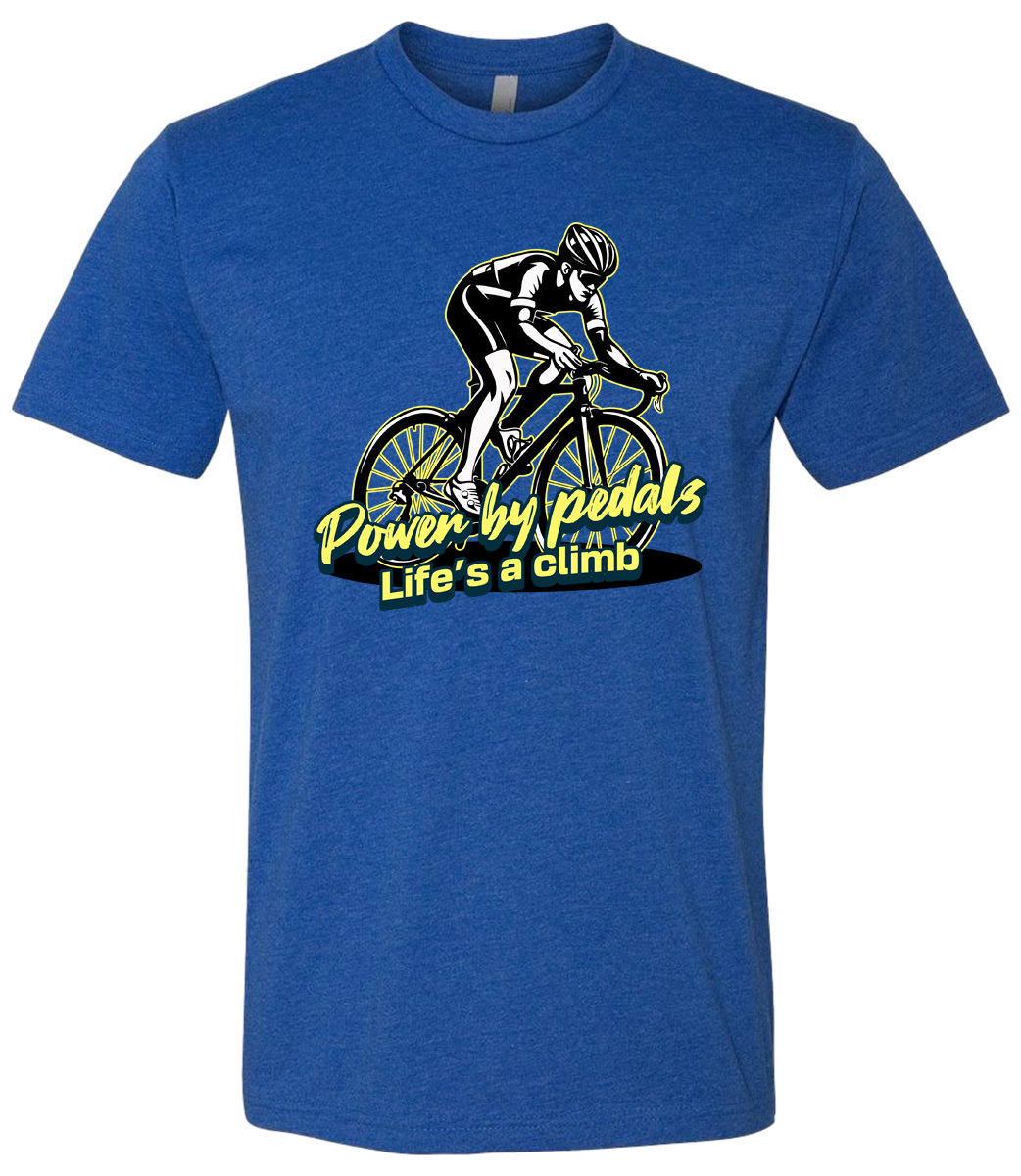 Blue t-shirt with a cycling graphic and text on a white background
