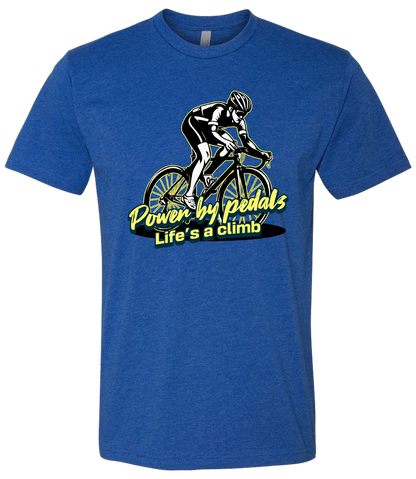 Blue t-shirt with a cycling graphic and text on a white background