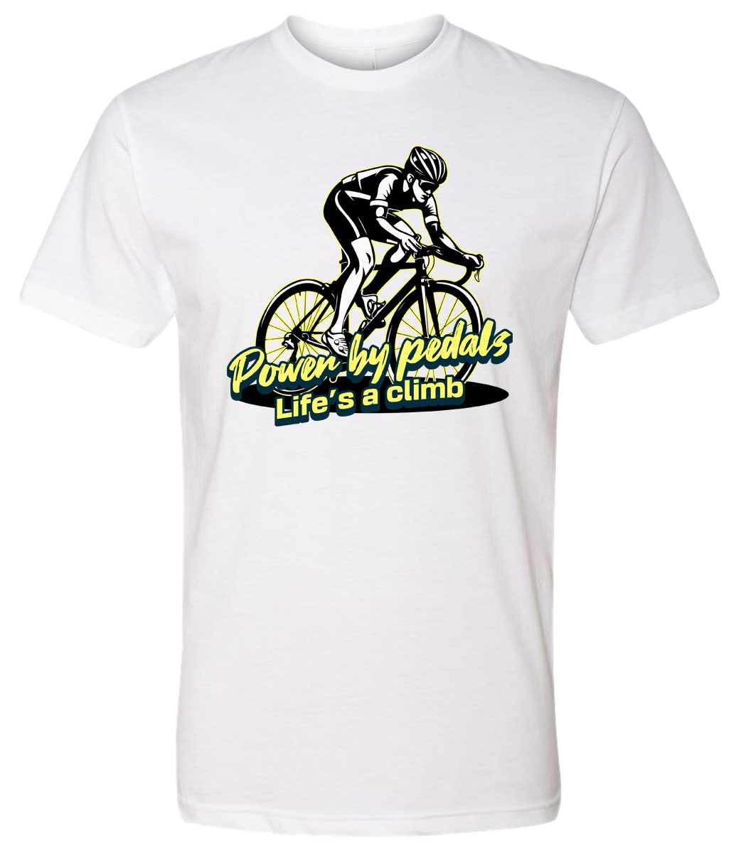 White t-shirt with a cycling graphic and text on a white background