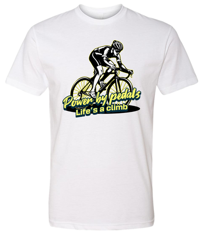 White t-shirt with a cycling graphic and text on a white background
