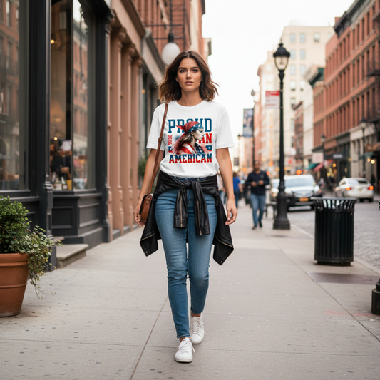 Woman walking on a city street wearing a 'Proud American' t-shirt.
