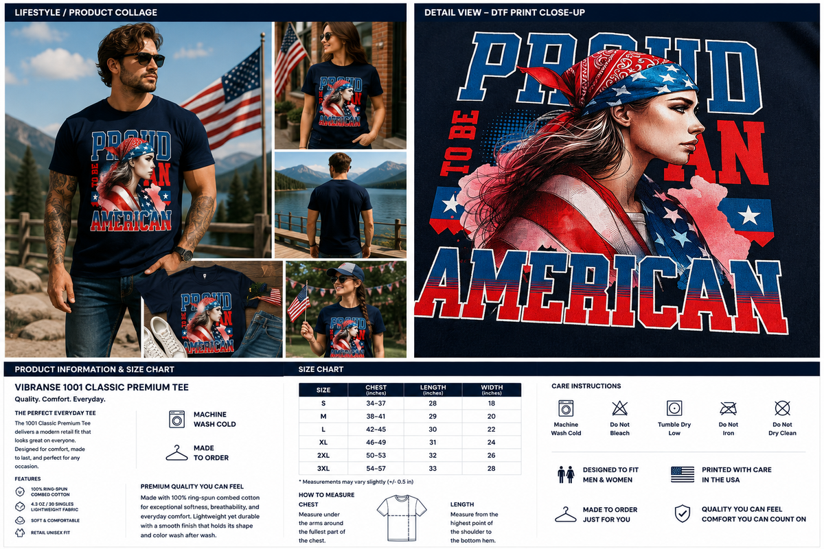 A product collage and sizing/information sheet for a patriotic graphic t-shirt. The collage shows a man wearing a black t-shirt with a red, white, and blue American flag design that reads 'PROUD TO BE AN AMERICAN'.