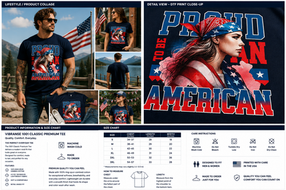 A product collage and sizing/information sheet for a patriotic graphic t-shirt. The collage shows a man wearing a black t-shirt with a red, white, and blue American flag design that reads 'PROUD TO BE AN AMERICAN'.