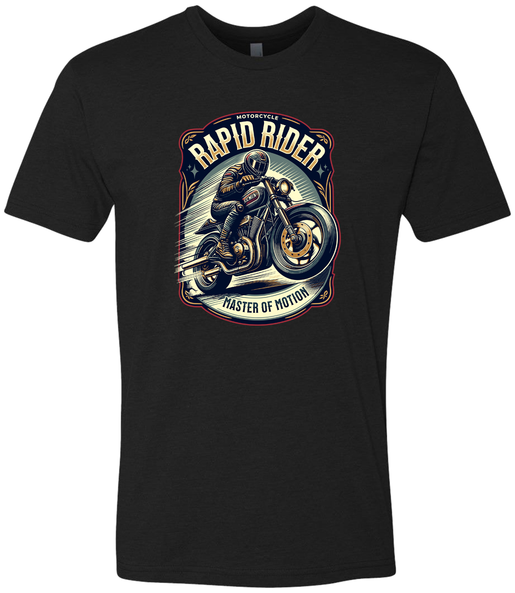 Black t-shirt with a graphic of a rider on a motorcycle and text 'Rapid Rider: Master of Motion' on a white background.