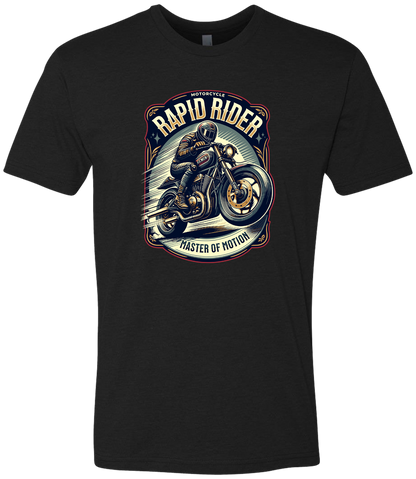 Black t-shirt with a graphic of a rider on a motorcycle and text 'Rapid Rider: Master of Motion' on a white background.