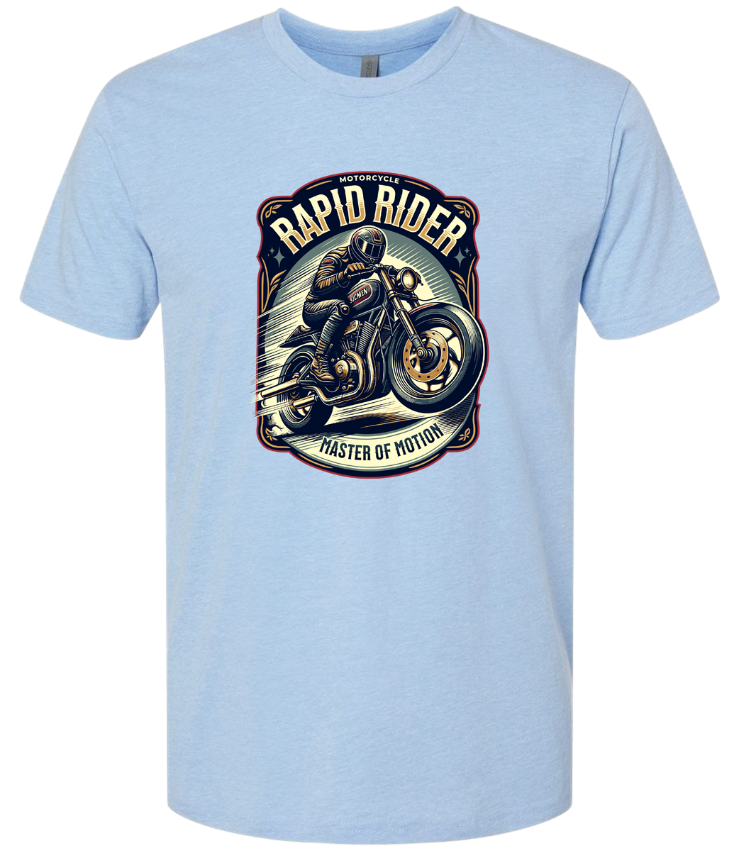 Light blue t-shirt with a motorcycle graphic and text on a white background