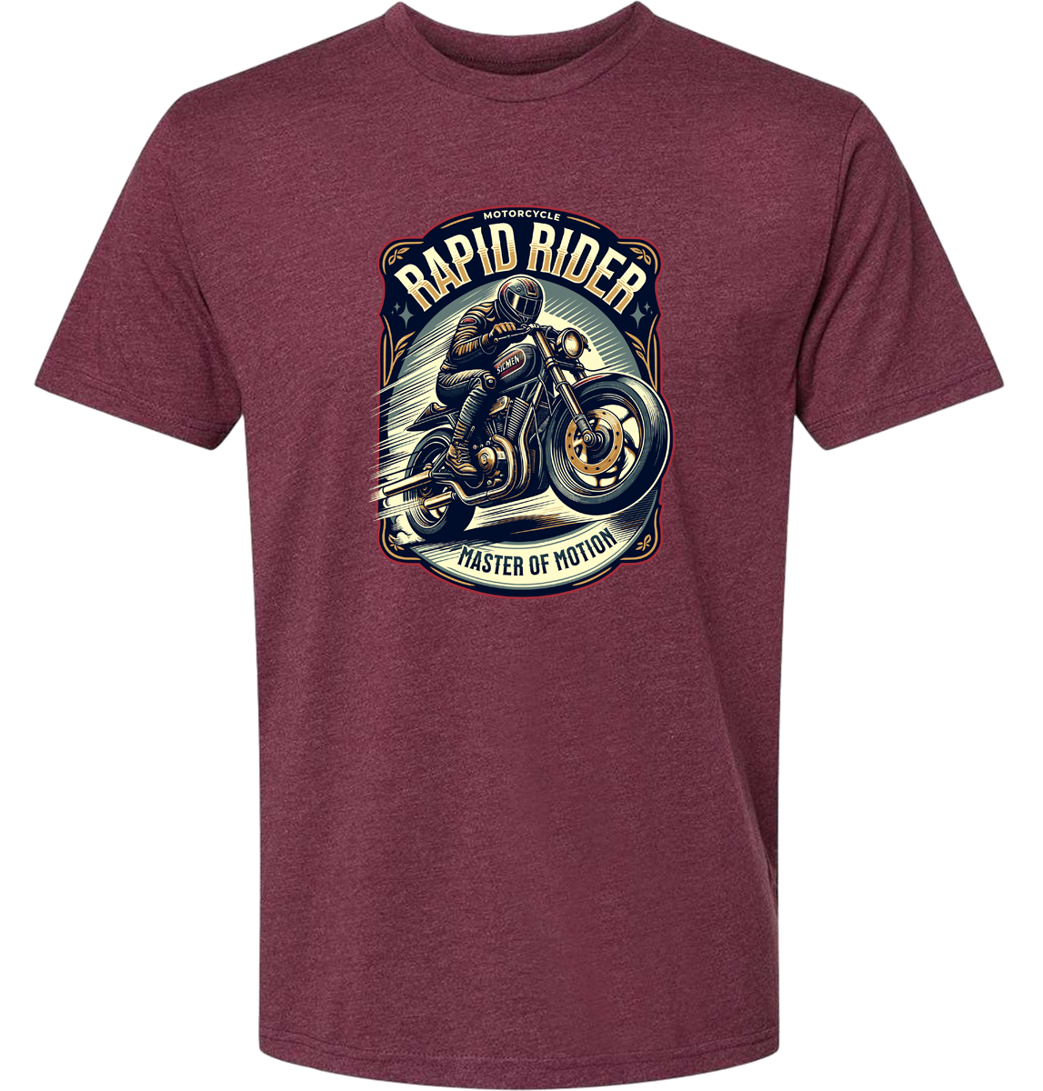 Maroon t-shirt with a motorcycle graphic and 'Rapid Rider' text on a white background