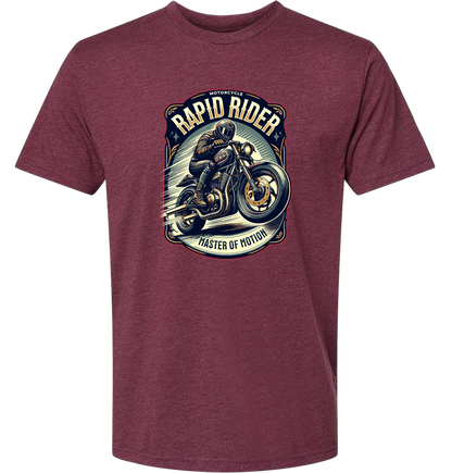 Maroon t-shirt with a motorcycle graphic and 'Rapid Rider' text on a white background