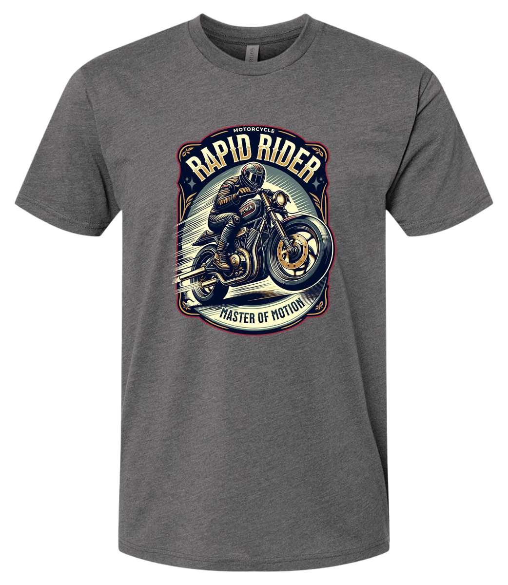 Gray t-shirt with a motorcycle graphic and 'Rapid Rider' text on a white background