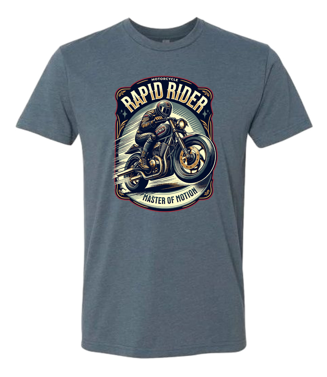 Blue t-shirt with a motorcycle graphic and text on a white background