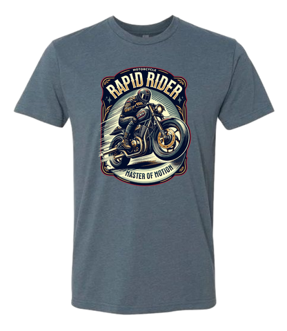 Blue t-shirt with a motorcycle graphic and text on a white background