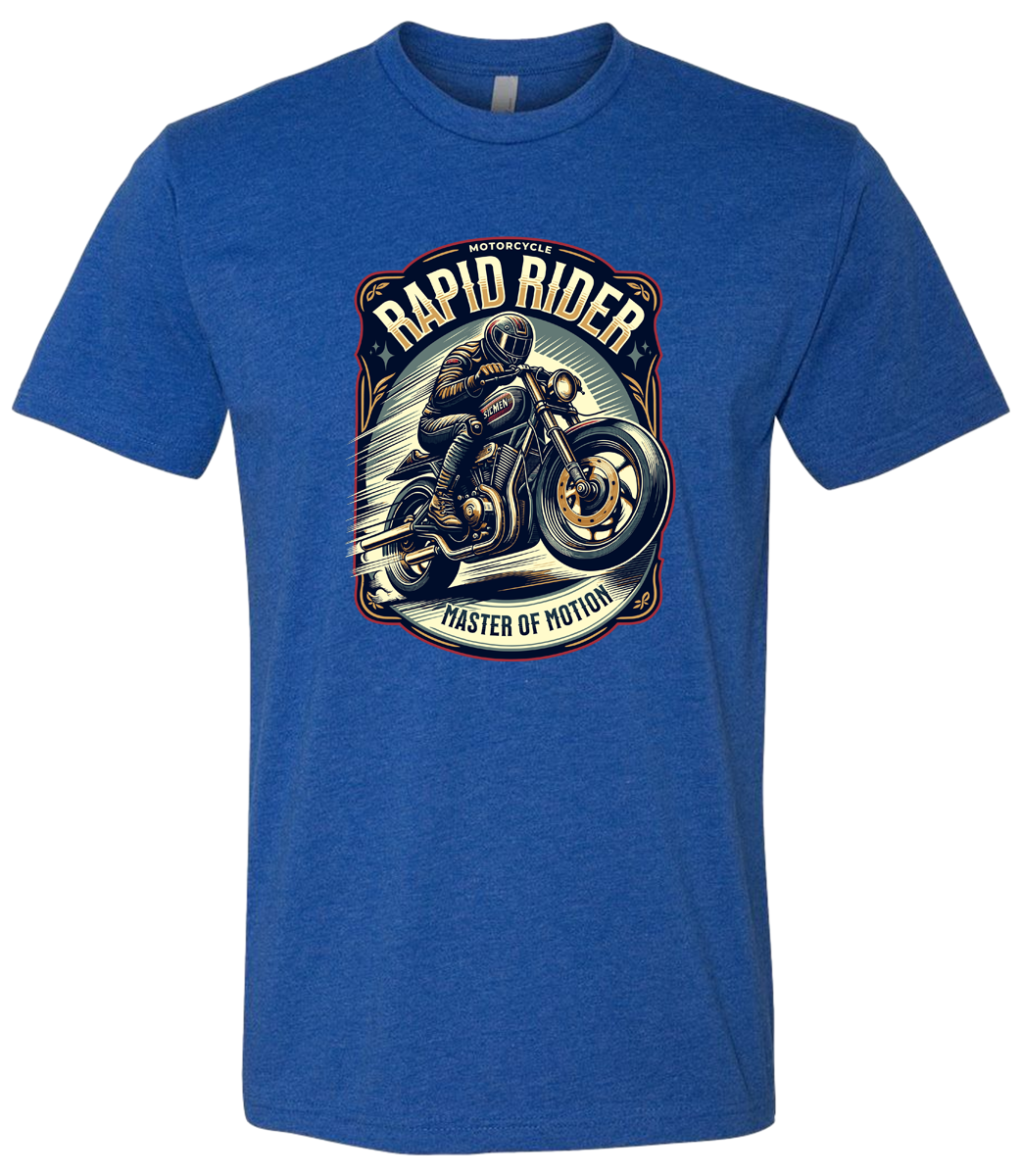 Blue t-shirt with a motorcycle graphic and text on a white background