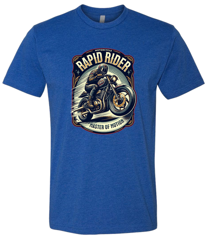 Blue t-shirt with a motorcycle graphic and text on a white background