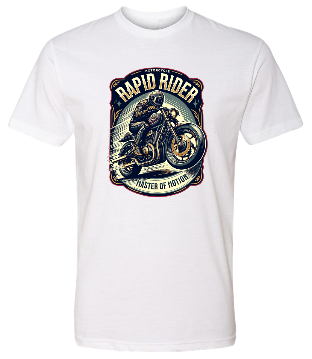 White t-shirt with a motorcycle graphic and text on a white background