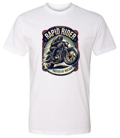 White t-shirt with a motorcycle graphic and text on a white background