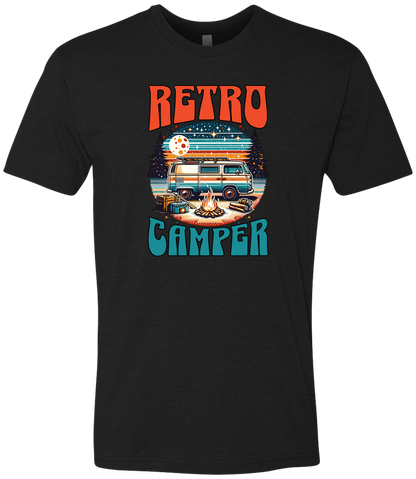 White crewneck t-shirt with 'Retro Camper' graphic print featuring an illustration of a vintage camper van.