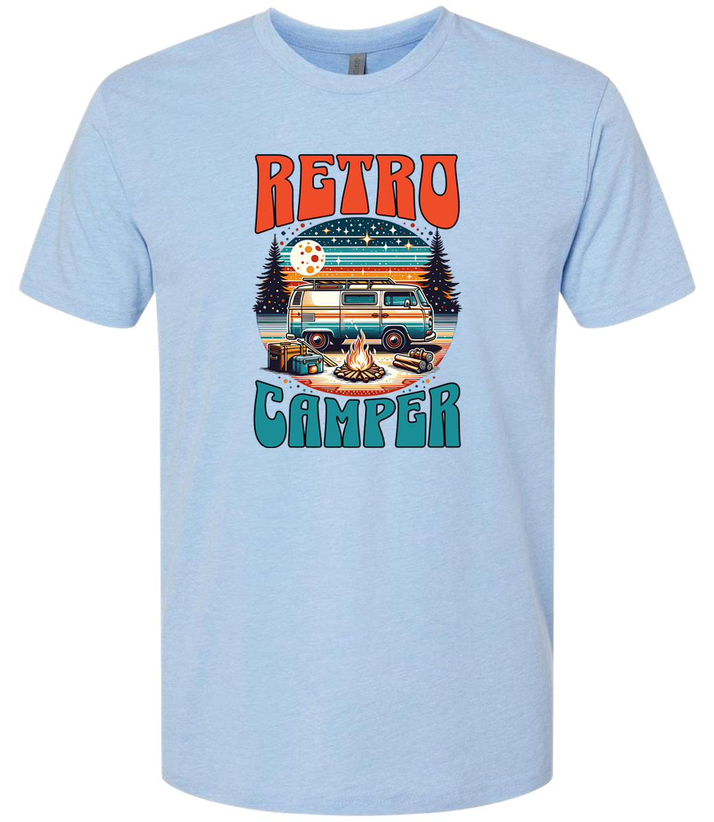 White crewneck t-shirt with 'Retro Camper' graphic print featuring an illustration of a vintage camper van.