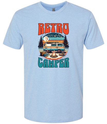White crewneck t-shirt with 'Retro Camper' graphic print featuring an illustration of a vintage camper van.