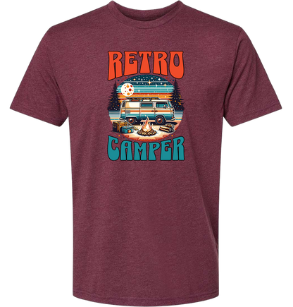 White crewneck t-shirt with 'Retro Camper' graphic print featuring an illustration of a vintage camper van.
