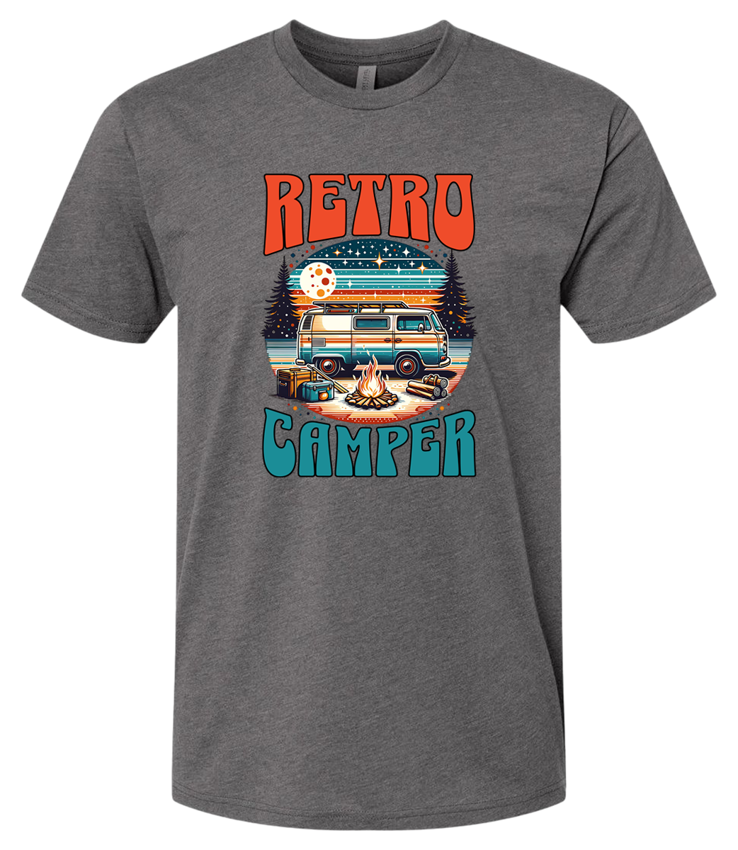 White crewneck t-shirt with 'Retro Camper' graphic print featuring an illustration of a vintage camper van.