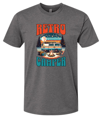 White crewneck t-shirt with 'Retro Camper' graphic print featuring an illustration of a vintage camper van.