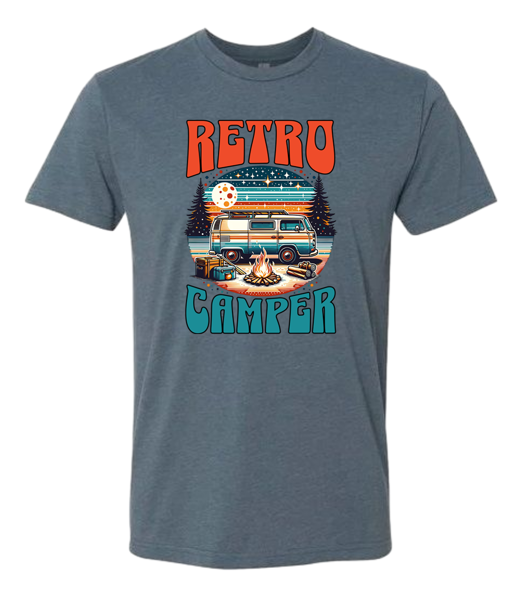 White crewneck t-shirt with 'Retro Camper' graphic print featuring an illustration of a vintage camper van.