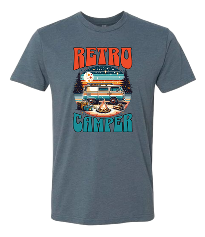 White crewneck t-shirt with 'Retro Camper' graphic print featuring an illustration of a vintage camper van.