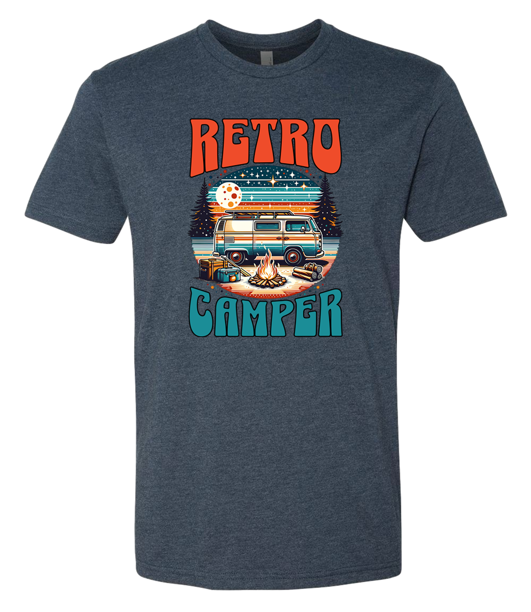 White crewneck t-shirt with 'Retro Camper' graphic print featuring an illustration of a vintage camper van.