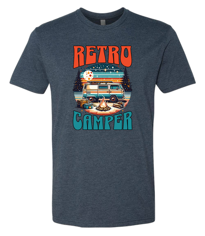White crewneck t-shirt with 'Retro Camper' graphic print featuring an illustration of a vintage camper van.