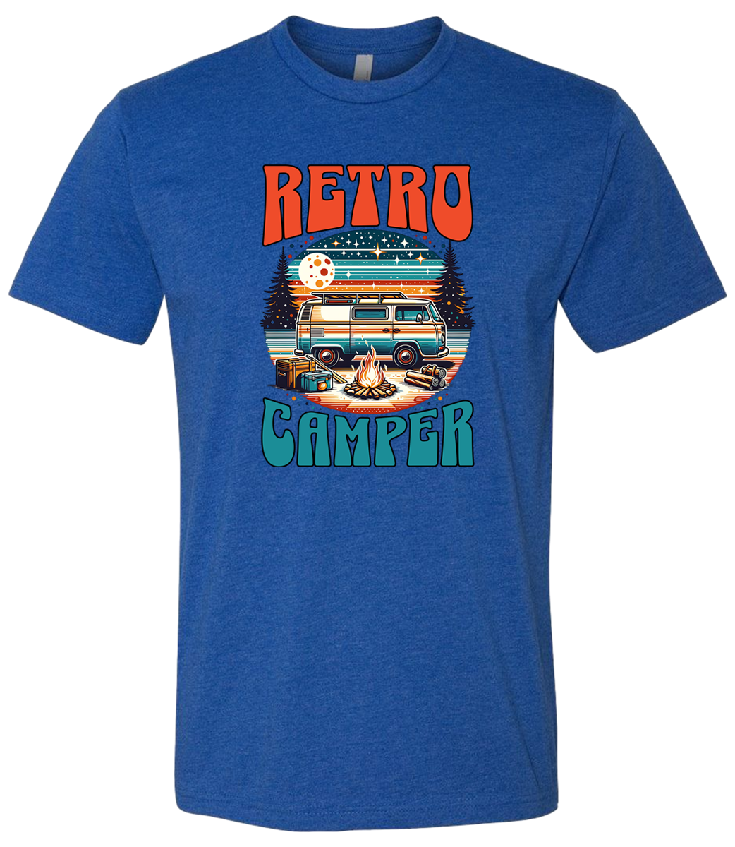 White crewneck t-shirt with 'Retro Camper' graphic print featuring an illustration of a vintage camper van.