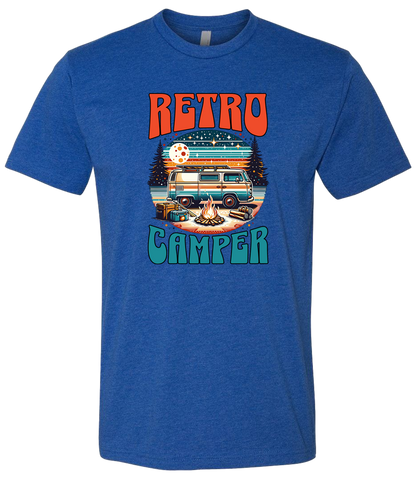 White crewneck t-shirt with 'Retro Camper' graphic print featuring an illustration of a vintage camper van.
