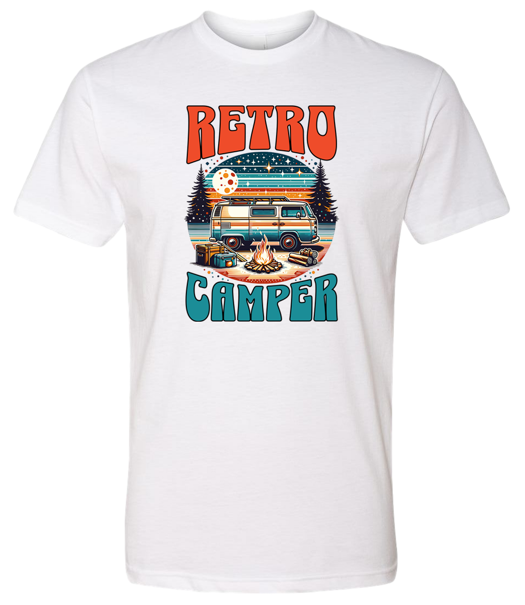 White crewneck t-shirt with 'Retro Camper' graphic print featuring an illustration of a vintage camper van.