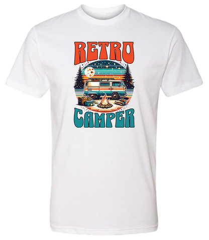 White crewneck t-shirt with 'Retro Camper' graphic print featuring an illustration of a vintage camper van.
