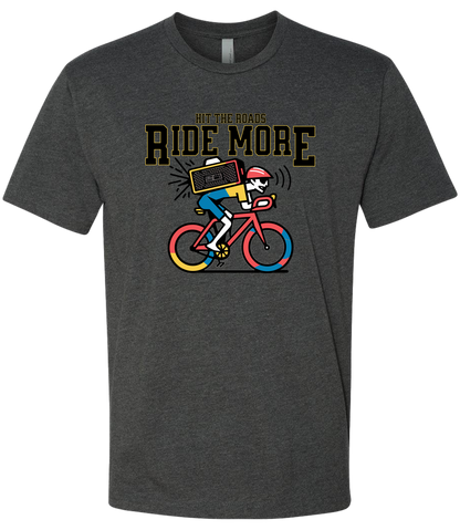 Dark gray t-shirt with a graphic of a person riding a bicycle and text 'Ride More' on a white background