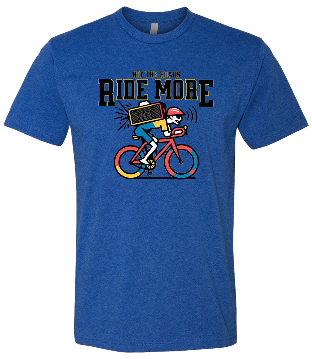 Blue t-shirt with a graphic of a person on a bike and text 'Ride More' on a white background