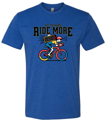 Blue t-shirt with a graphic of a person on a bike and text 'Ride More' on a white background