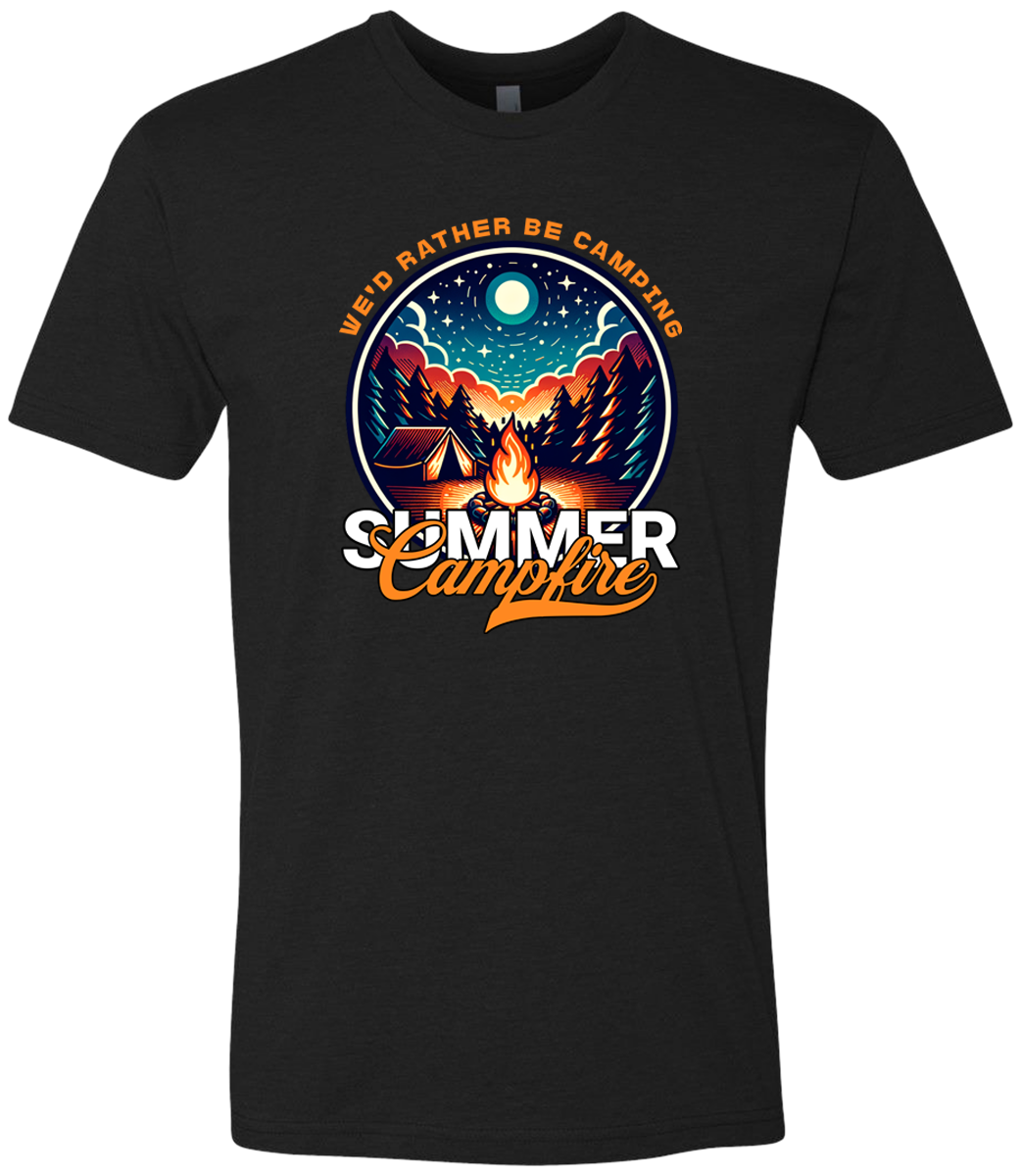A Black crewneck t-shirt with a graphic print of a campfire and text that reads 'Summer Campfire'.