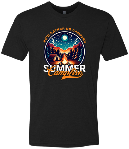 A Black crewneck t-shirt with a graphic print of a campfire and text that reads 'Summer Campfire'.