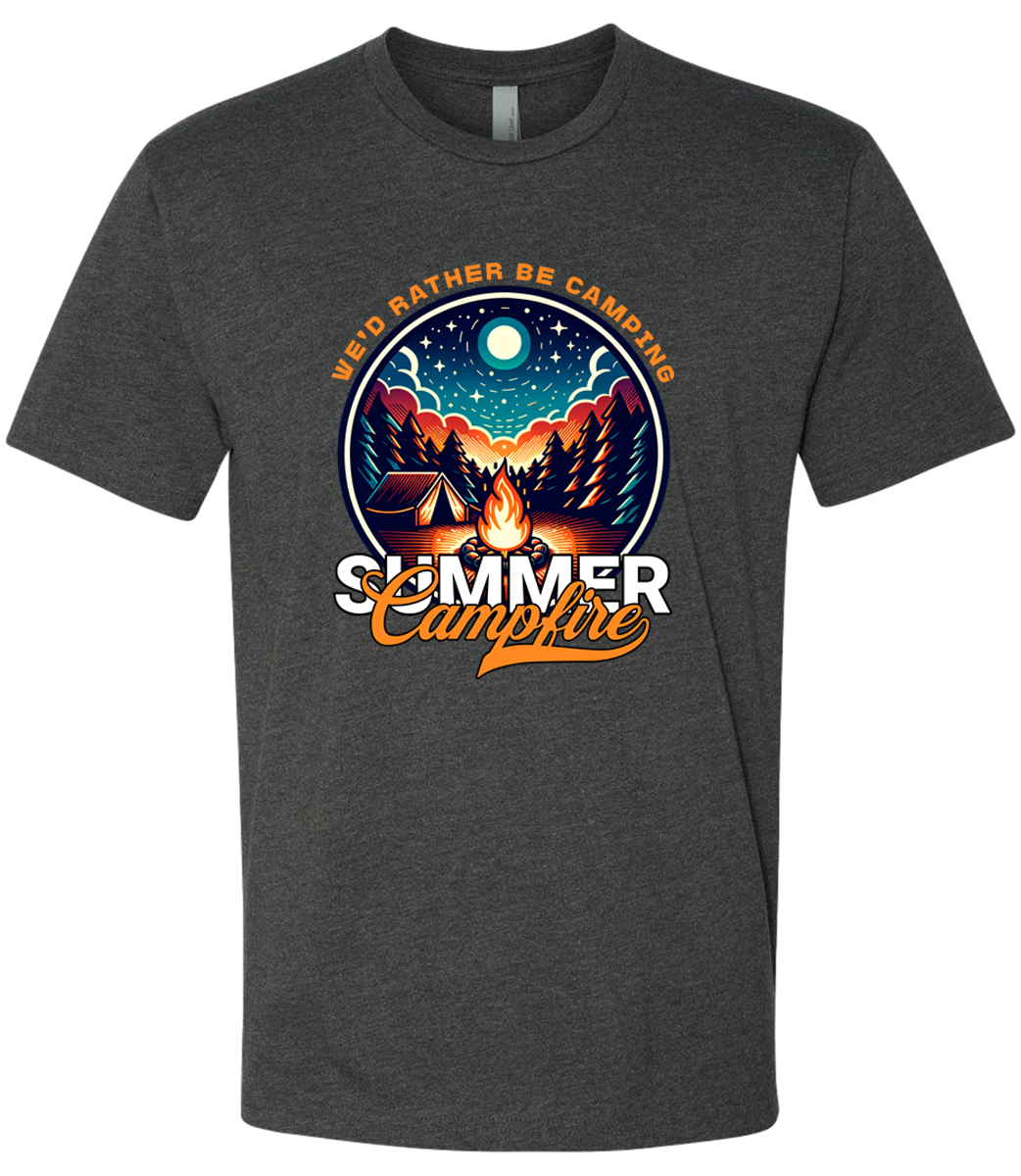 A charcoal crewneck t-shirt with a graphic print of a campfire and text that reads 'Summer Campfire'.