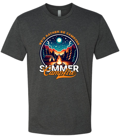 A charcoal crewneck t-shirt with a graphic print of a campfire and text that reads 'Summer Campfire'.