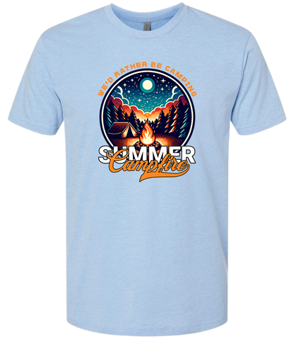 A light blue crewneck t-shirt with a graphic print of a campfire and text that reads 'Summer Campfire'.