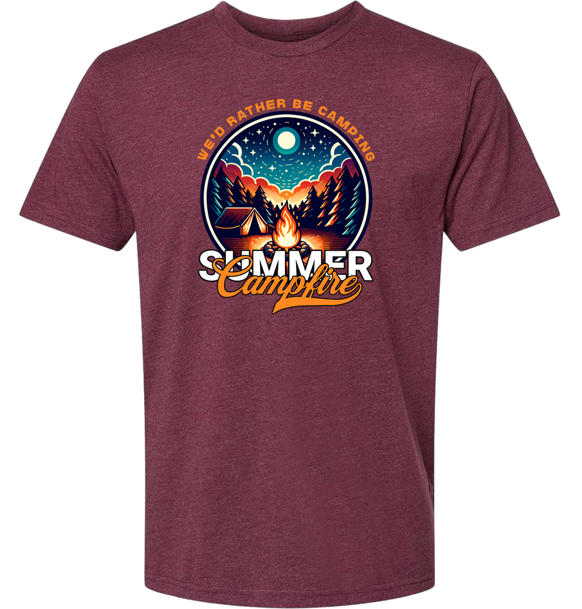 A heather maroon crewneck t-shirt with a graphic print of a campfire and text that reads 'Summer Campfire'.