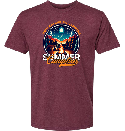 A heather maroon crewneck t-shirt with a graphic print of a campfire and text that reads 'Summer Campfire'.